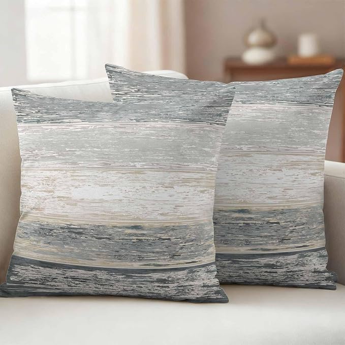 Outdoor Waterproof Throw Pillow Covers, Vintage Black Grey Decorative Pillow Cases, Farmhouse Barn Wooden Striped Couch Pillow Protector Patio Sofa Cushion Covers Replacement 26"x26" 2 Pack