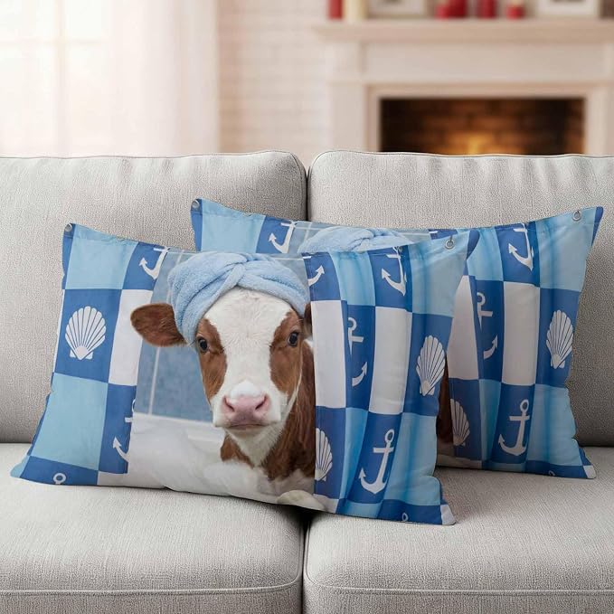 Bathing Cow Waterproof Outdoor Pillow Covers Set of 2 Home Decor, Funny Animal Showering Lumbar Pillowcase Patio Pillow Covers for Couch Bench Patio Furniture Garden 20x12in