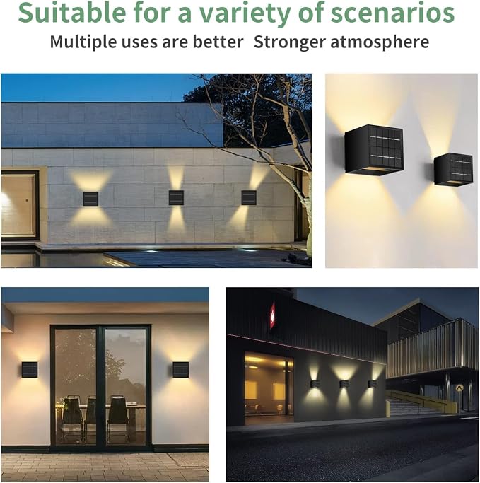 Solar Powered Motion Sensor Square Outdoor Wall Lights, Black Modern Up and Down Wall Lamps, IP65 Waterproof Warm White 3000K Wall Sconce Light Exterior for Fence Garden Outside