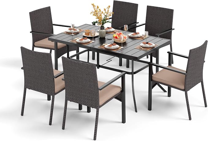 PHI VILLA 7 Piece Patio Dining Set, 60” Rectangular Table, Rattan Chairs | Outdoor Dining Set for 6, Metal Dining Table with Umbrella Hole, Wicker Chairs with Cushions for Patio, Deck, Porch