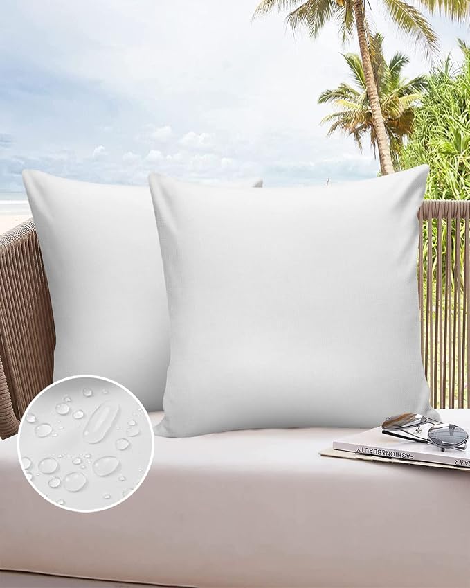 White Outdoor Pillow Covers 24 x 24 Inches, Modern Simple White Backdrop Waterproof Throw Pillow Cover Set of 2, Home Decorative Square Cushion Covers for Patio/Tent/Couch/Garden