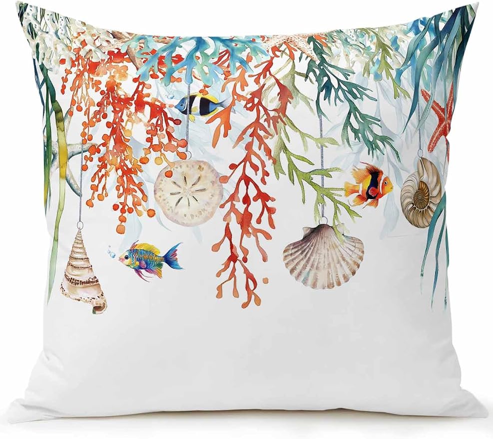 Outdoor Waterproof Throw Pillows Summer Colorful Coral Shell Conch Patio Pillows,Decorative Pillow Covers with Insert,Pillow Cushion Case for Garden Couch Sofa Sea Starfish Fish Marine Life