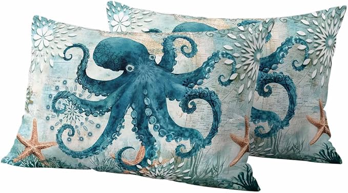 Ocean Creature Outdoor Waterproof Throw Pillow Covers Set of 2, 20"x12", Eight Pawfish Corals Sea Stars Decorative Pillow Covers Outside Cushion Case for Patio Porch Garden