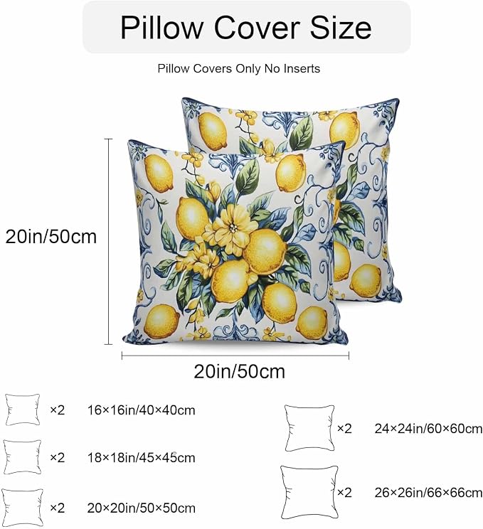 Throw Pillow Covers 16x16 Inch Set of 2, Yellow Lemon Waterproof Outdoor Cushion Covers, Middle Century Blue Italian Textured Decorative Pillowcases for Couch, Sofa, Bed, Garden, Patio