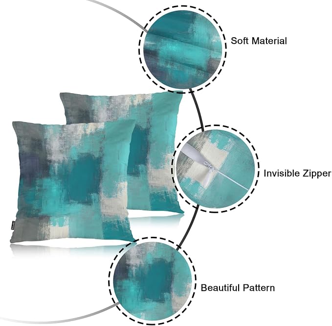 Swono Abstract Painting Throws Pillows Covers for Couch, Graffiti Turquoise Grey Brush Decorative Pillow Cases for Men Women, Comfortable Pillow Cushion Cover Pack of 2 18"X18" for Home Sofa Bed