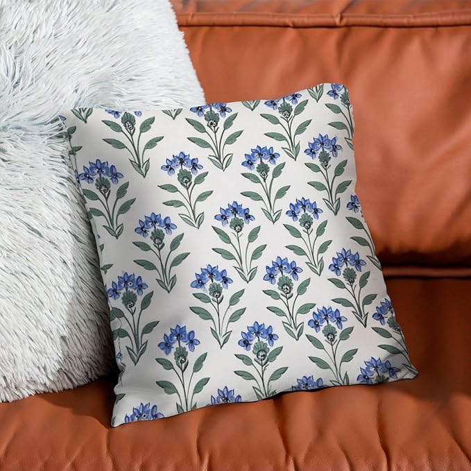 Mughal Flower Pillow Cover Blue Lotus Floral Throw Pillow Cover Classic Square Couch Sofa Cushion Covers for Patio Furniture Garden 24x24 in