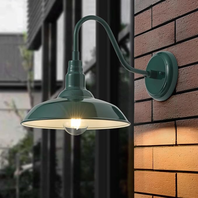 10in Outdoor Gooseneck Barn Light Wall Mount, Green Exterior Farmhouse Porch Lights with White Interior Small Dome Outdoor Patio Gooseneck Wall Sconce Garage Lighting for House, Cabin