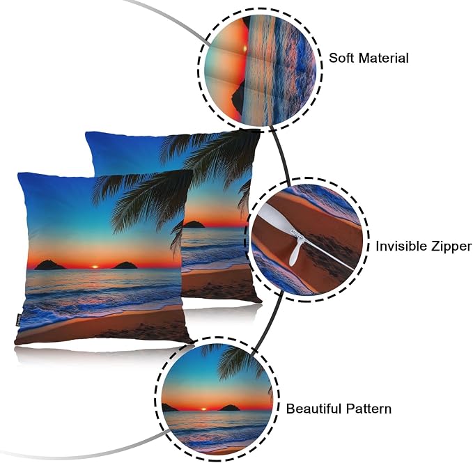 Swono Ocean Beach Set of 2 Throw Pillow Covers Hawaii Ocean Sea Palm Tree Sunset 18x18 Inches Pillow Cases Standard Cushion Cover Square Pillowcases for Men Women Decorative Home Bed Sofa