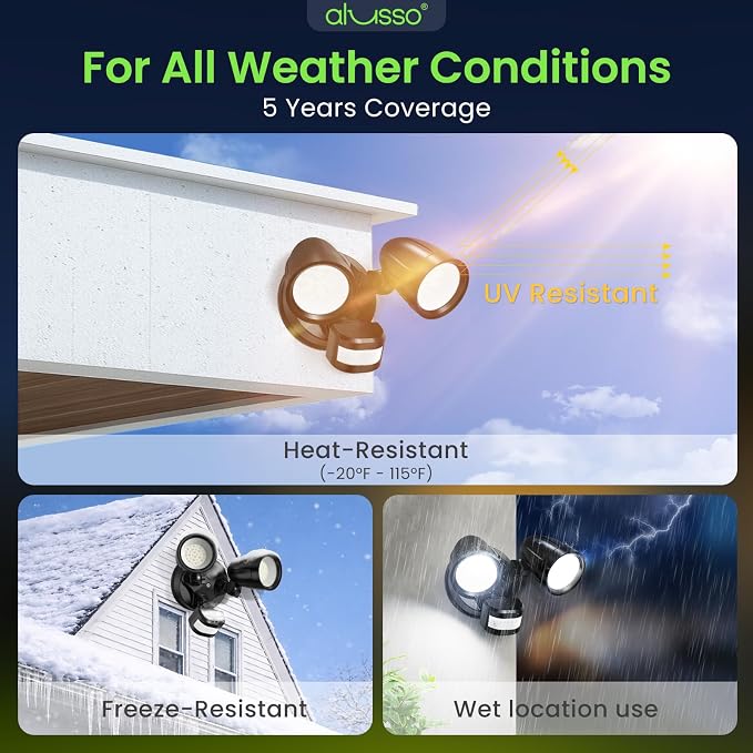 ALUSSO Motion Sensor Outdoor Lights Metal Heads, 30W 3600LM Flood Lights Outdoor 120V, 3 Modes Dusk to Dawn/Auto/On Time, 3000K 4000K 6500K Adjustable, Hardwired Security Light ETL Listed, Black 1PC