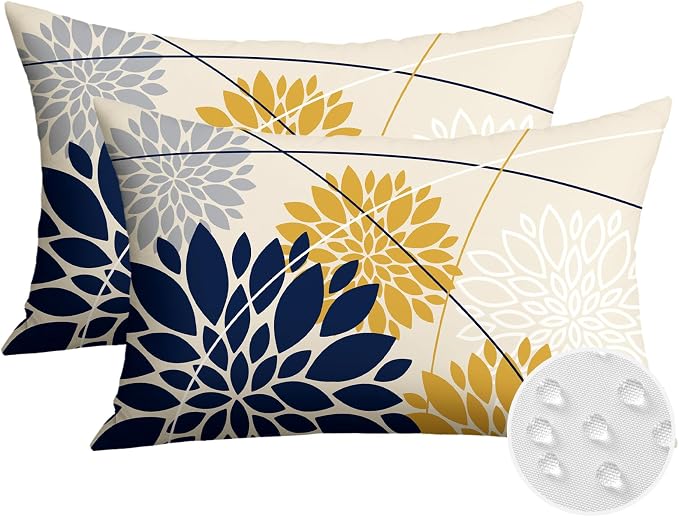 OTOSTAR Outdoor Dark Blue Yellow Pillow Covers 12x20 Inch Set of 2 Light Grey Flower Throw Pillows Geometric Dahlia Floral Lumbar Cushion Case Waterproof Decor for Sofa Patio Funiture Garden