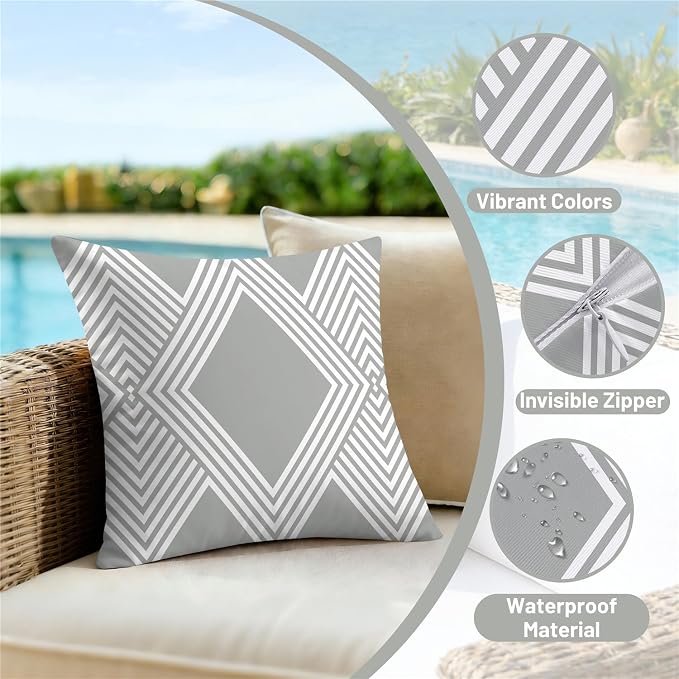 NIGHTWISH Outdoor Waterproof Pillow Covers 20x20 Set of 4 Gray Modern Geometry Decorative Outdoor Throw Pillows Boho Cushion Cases for Patio Furniture Bench Couch Sunbrella