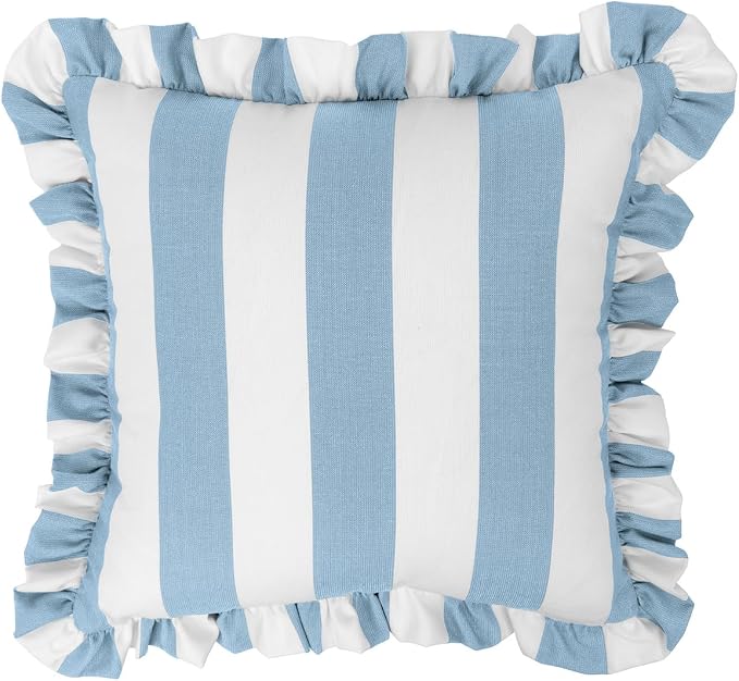 Sherry Kline Cabana Stripe Outdoor Throw Pillow Set of 2, 18x18 Inch Square Decorative Cushions with 2" Ruffle Trim, Reversible Indoor Patio Porch Pool Sofa Accent Pillows, Made in USA – Skyblue/White