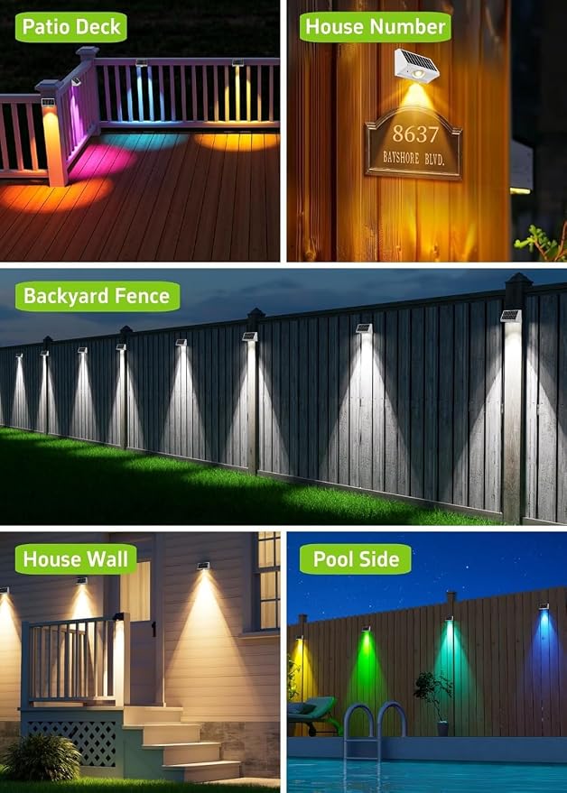 Solar Fence Lights Outdoor Waterproof High Brightness LED Spot Lens Deck Lights 7 Mode Warm & Cool White RGB Solar Powered Wall Lighting Decor for Outside Patio Step Backyard Railing - 2 Pack(White)