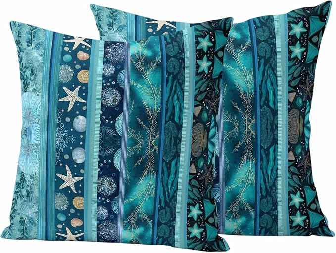 Turquoise Ocean Outdoor Waterproof Throw Pillow Covers Set of 2, 24"x24", Blue Stripes Starfish Coral Seaweed Luxury Decorative Pillow Covers Outside Cushion Case for Patio Porch Garden