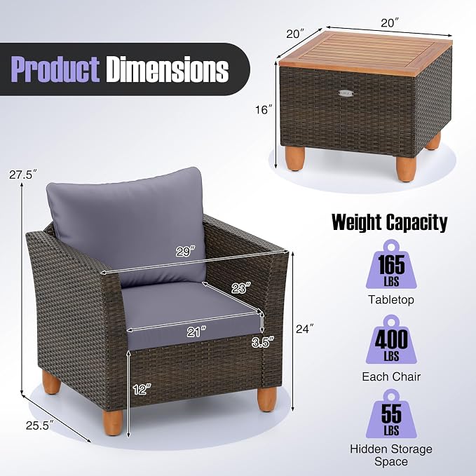 HAPPYGRILL 3 Pieces Patio Conversation Set with Storage Coffee Table, Outdoor Patio Furniture Wicker Sofa Set with Soft Cushions for Balcony Backyard Porch