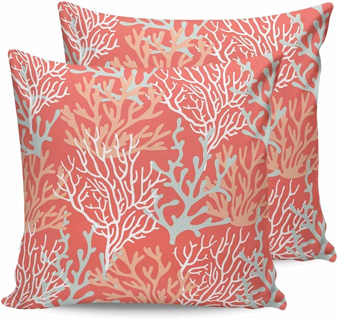 Pack of 2 Outdoor Pillow Covers 16x16 Waterproof Orange Ocean Coral Throw Pillow Covers, Decorative Pillowcases Nautical Coastal Summer Beach Cushion Covers for Patio Garden Couch Pillow Case