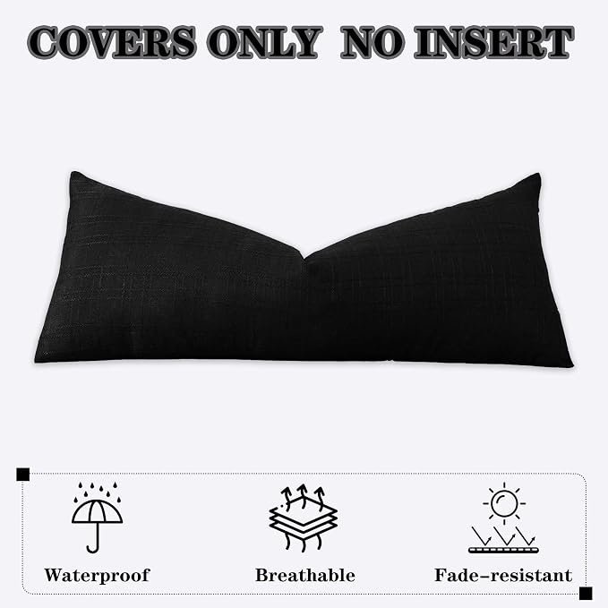 Kevin Textile Outdoor Waterproof 14”x36” Lumbar Pillow Cover 1 Pack, Black | Water Resistant, Soft Faux Linen-cotton Yarn-dyed Woven Texture Throw Pillow Covers for Tent Patio Garden Couch Sofa