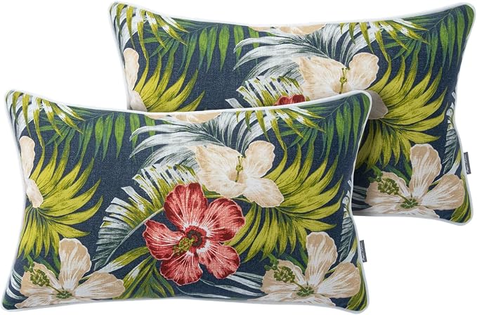 Magpie Fabrics Pack of 2 Outdoor Waterproof Lumbar Rectangular Throw Pillow with Insert 12x20 Inch, Home Decorative Toss Cushion for Patio Garden Car Office (Midnight Floral)