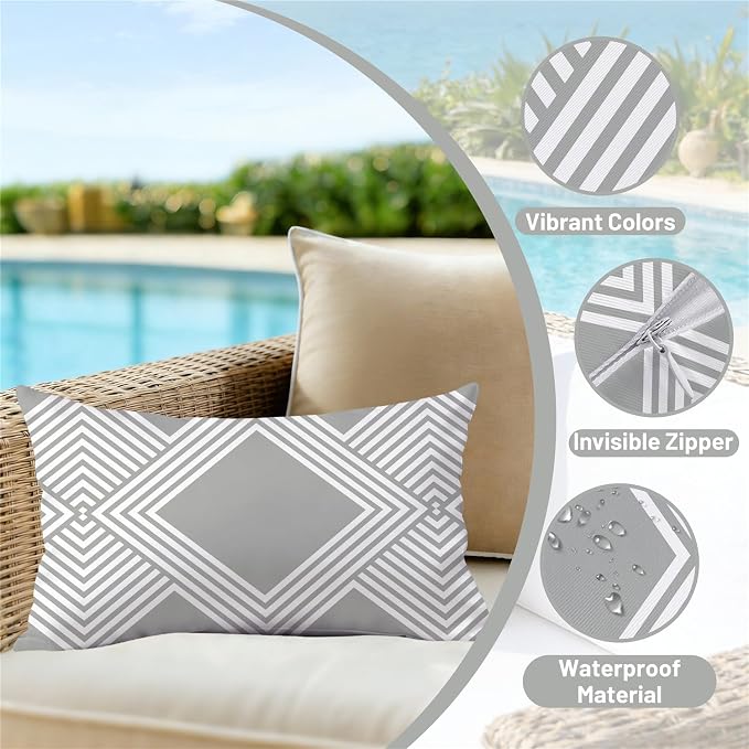 NIGHTWISH Outdoor Waterproof Pillow Covers 12x20 Set of 4 Gray Modern Geometry Decorative Outdoor Throw Pillows Boho Cushion Cases for Patio Furniture Bench Couch Sunbrella