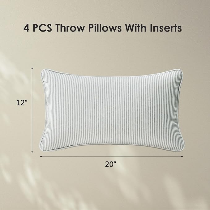 Unimatta Decorative Outdoor Water Repellent Throw Pillows with Inserts, Set of 4, 20" x12" Pillows for Patio, Backyard, Bed, Couch, and Patio Furniture, Tan Stripe
