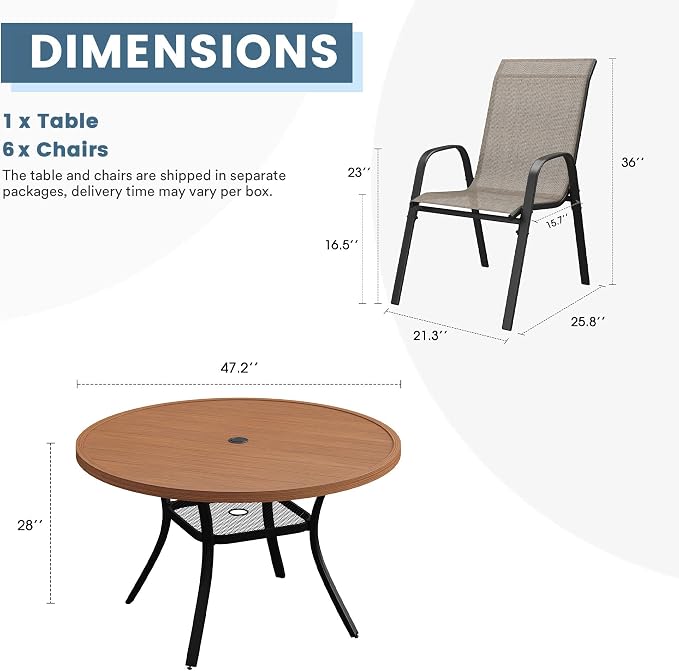 DIFY 7 Piece Outdoor Dining Set, 48" Walnut Round Metal Patio Table and Brown Textilene Stackable Chairs for 6, All Weather Patio Furniture Set with Umbrella Hole for Backyard Garden Deck