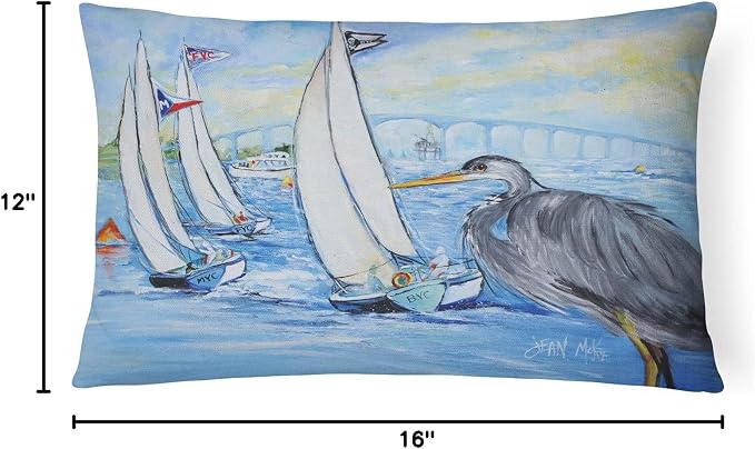 Caroline's Treasures JMK1001PW1216 Blue Heron Sailboats Dog River Bridge Canvas Fabric Decorative Pillow Machine Washable, Indoor Outdoor Decorative Pillow for Couch, Bed or Patio, 12HX16W