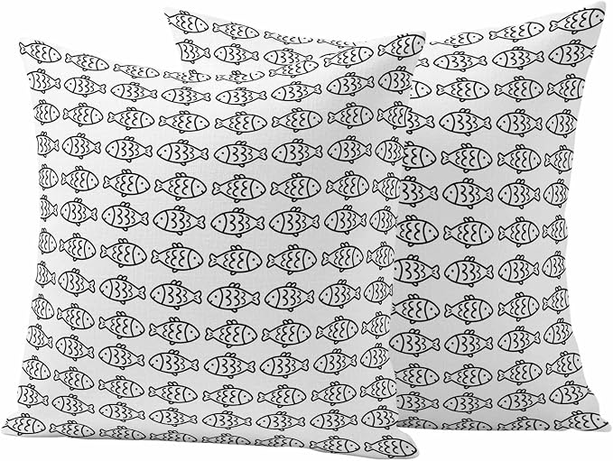 Summer Funny Animals Outdoor Waterproof Throw Pillow Covers Set of 2, 20"x20", Abstract Oceans Black Line Fish Texture Decorative Pillow Covers Outside Cushion Case for Patio Porch Garden