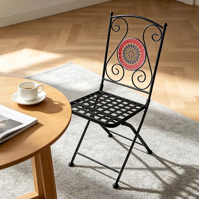 Folding Patio Chairs Set of 2 Mosaic Bistro Chair Outdoor Seating | Garden Patio Furniture Seating Heavy Duty Metal Frame Dining Chairs for Lawn Yard Balcony Porch Backyard Poolside