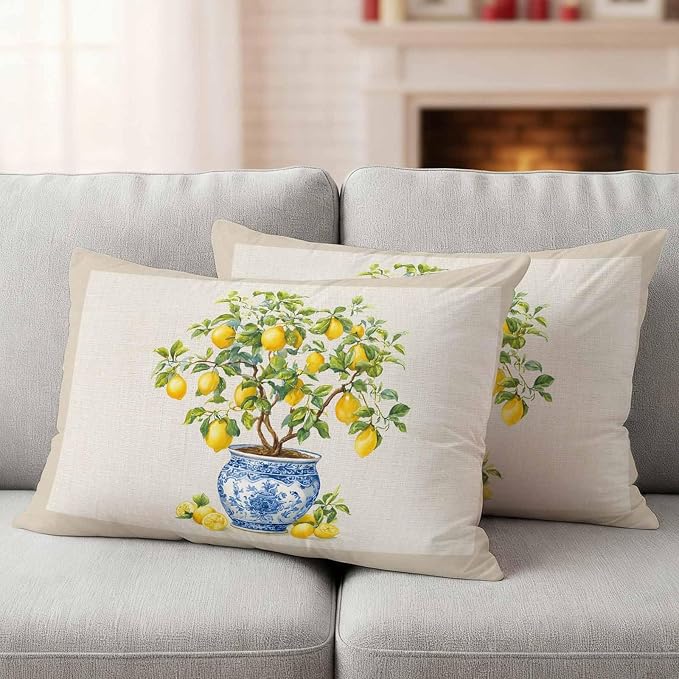 Summer Lemons Outdoor Pillow Covers 20x12 Inch Lumbar Pillow Covers Set of 2 Waterproof Decorative Throw Pillow Cases Brown Beige Farmhouse Botanical Linen Cushion Covers for Patio Furniture Garden