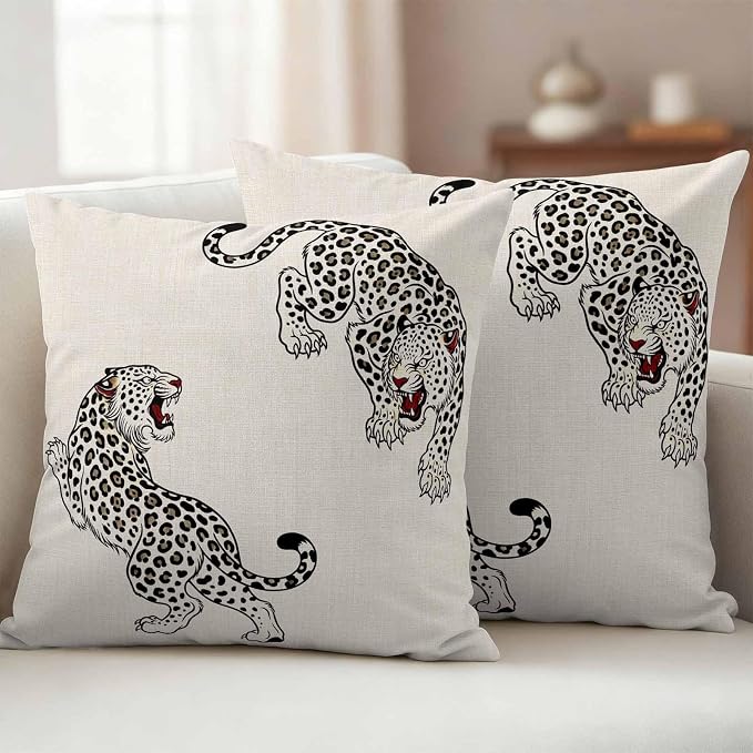 Yukro Beige Leopard Outdoor Waterproof Pillow Covers Pack of 2, Modern Style Wild Animal Rustic Linen Texture Throw Pillowcases Decorative Cushion Covers for Garden Patio Tent Sofa Couch, 20x20 inch