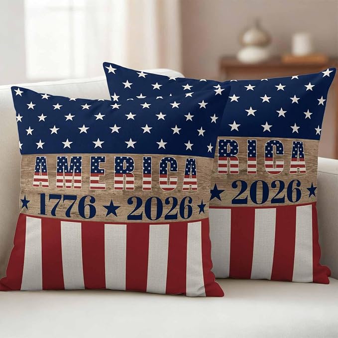 250th Anniversary Outdoor Pillow Covers 24"x24" Set of 2, Waterproof Throw Pillow Covers for Patio Furniture, USA Flag Red Striped Blue Star Retro Decorative Cushion Covers for Porch