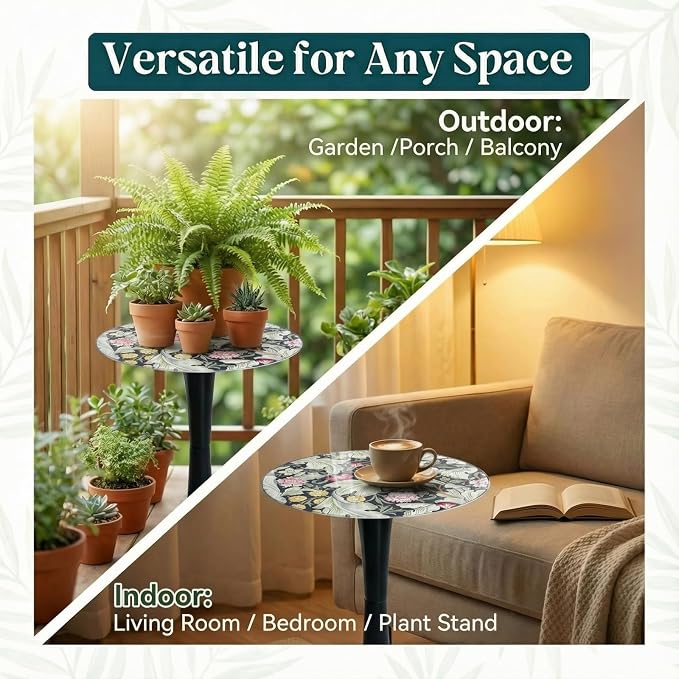 13.4" Outdoor Side Table, Round Patio Bistro Table Printed Tempered Glass Top, Waterproof Rust-Proof Base, Small Plant Stand for Balcony, Garden, Deck, 21.6" H (Morris Green)