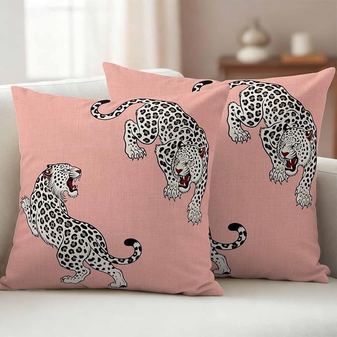 Yukro Pink Leopard Outdoor Waterproof Pillow Covers Pack of 2, Modern Style Wild Animal Rustic Linen Texture Throw Pillowcases Decorative Cushion Covers for Garden Patio Tent Sofa Couch, 26x26 inch