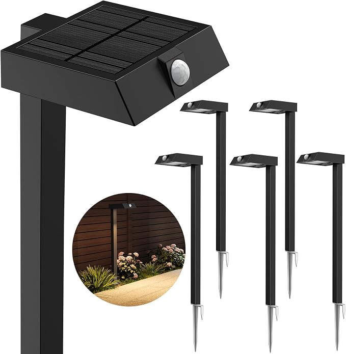 XMCOSY+ Solar Pathway Lights with Motion Sensor 6 Pack, 300LM Solar Lights | IP65 waterprppf, 3 modes landscape lighting for garden, backyard, outside, path, all-metal housing (warm/cool white)