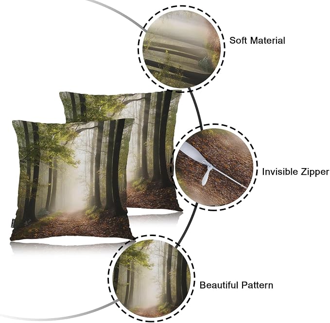 Swono Autumn Forest Decorative Throw Pillow Case 18" X 18", Misty Tree Woodland Mountain Standard Pillow Covers, Set of 2 Throw Pillowcase Cushion Covers for Couch Chair Bedroom Sofa Car Seats