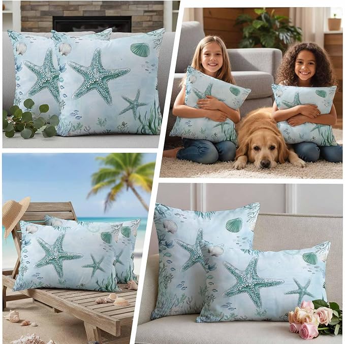 Coastal Starfish Waterproof Outdoor Pillow Covers Set of 2 Home Decor, Nautical Coral Tropical Fish Seashells Pillowcase Patio Pillow Covers for Couch Bench Furniture Garden 24x24in