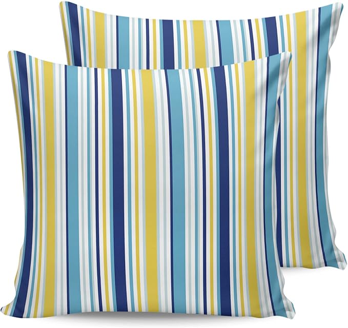 Blue Yellow Striped Outdoor Waterproof Pillow Covers, Farmhouse Navy Blue Ombre Stripes Decorative Square Throw Pillowcase Sofa Cushion Sham for Patio/Couch/Chair, 24"x24" 2 Pack