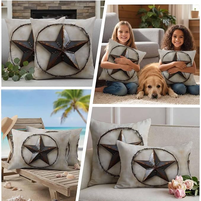Farmhouse Vintage Waterproof Outdoor Pillow Covers Set of 2 Home Decor, Country Western Texas Star Aesthetic Pillowcase Patio Pillow Covers for Couch Bench Furniture Garden 20x12in