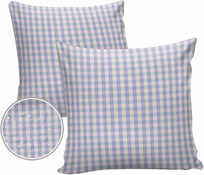 Outdoor Waterproof Throw Pillow Covers Set of 2 Purple Buffalo Plaid Pillowcases 18x18 Inches Linen Classic Checked Patio Decorative Pillows Cushion Case Patio Pillows for Couch Bed Chair Garden