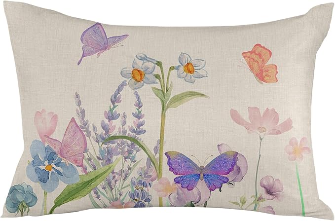 YOKOU Waterproof Throw Pillow Covers, Floral Print Butterfly Watercolor Flower Spring Summer Farm Decorative Pillowcase Soft Cushion Case for Patio Couch Tent Balcony, Set of 2 Rectangle, 20"X12"