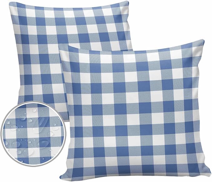 Outdoor Waterproof Throw Pillow Covers Set of 2 Buffalo Plaid Blue Check Pillowcases 16x16 Inches Farmhouse Style Patio Decorative Pillows Cushion Case Patio Pillows for Couch Bed Chair Garden