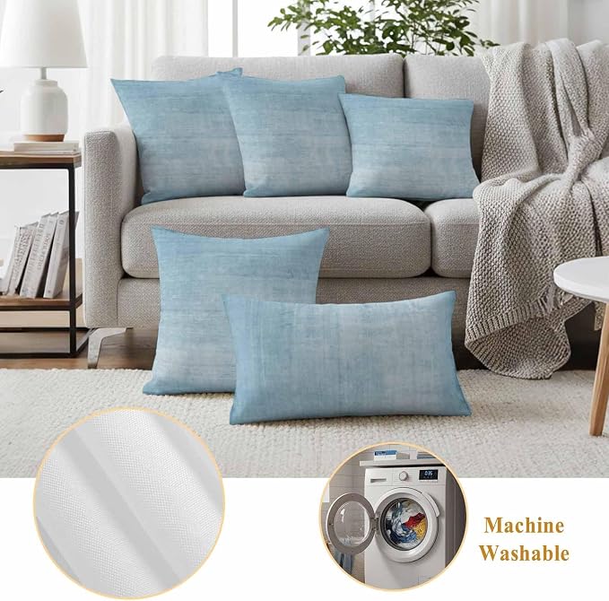 Vandarllin Outdoor Throw Pillows Covers 24x24 inch Set of 2 Waterproof Sky Blue Linen Decorative Zippered Cushion Covers for Patio Furniture, Solid Color Texture Lumbar Pillowcases