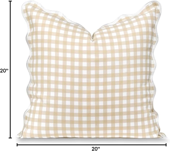 Hofdeco Premium Coastal Hampton Scalloped Patio Indoor Outdoor Throw Pillow Cover Only, 20"x20" Water Repellent for Backyard, Couch, Poolside, Neutral Tan Print Gingham