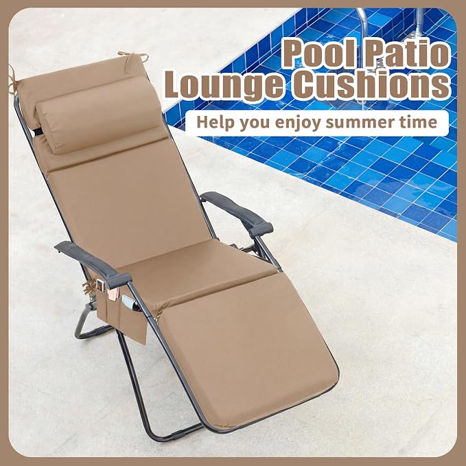 RattanView 2 Pcs Outdoor Chaise Lounge Cushion with Pillow and Side Pockets Waterproof Lounge Chair Cushions for Outdoor Furniture Patio Lounger Pad for Outside Pool Lawn (Brown,72 x 21 x 4)