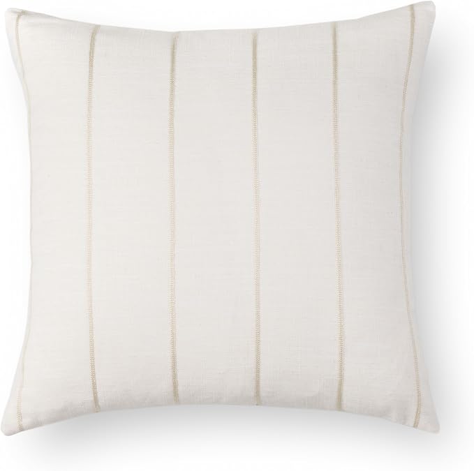 Modern Farmhouse Fall Linen Indoor Outdoor Throw Pillow Cover Only, 22"x22" Water Repellent for Patio, Backyard, Couch, Neutral Beige Vertical Stripes
