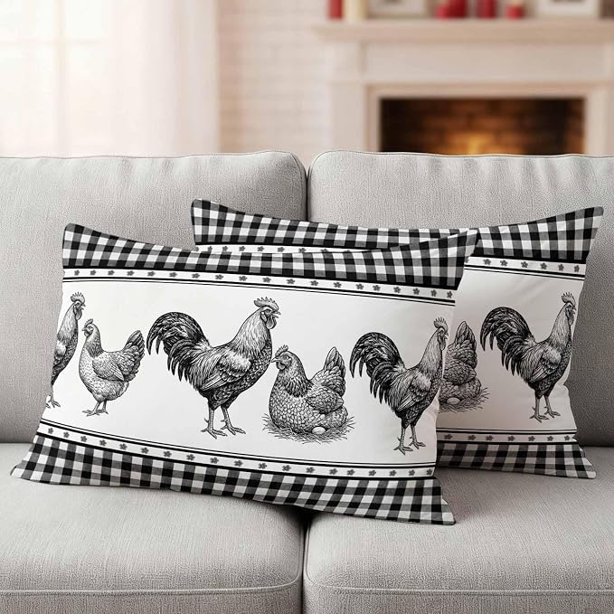 Navy Blue Rooster Outdoor Pillow Covers Waterproof, All Weather Cushion Case Set of 2, Vintage Farmhouse Black Plaid Lumbar Pillowcase for Sofa Couch Bed Decor Patio Furniture 20"x12"