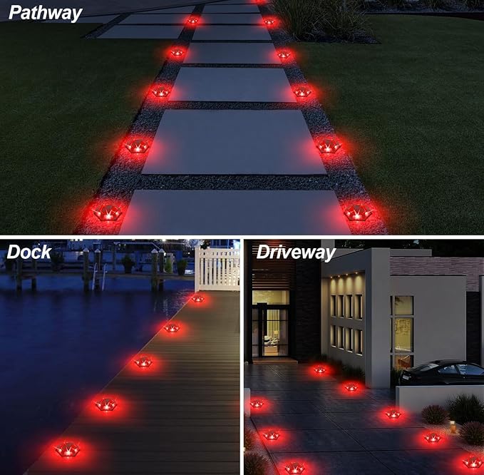 Solar Dock Lights Driveway Deck Lights - 24 Packs Waterproof Outdoor LED Aluminum Dock Lighting Warning Step Light for Driveway Sidewalk Garden Pathway Yard (Red)