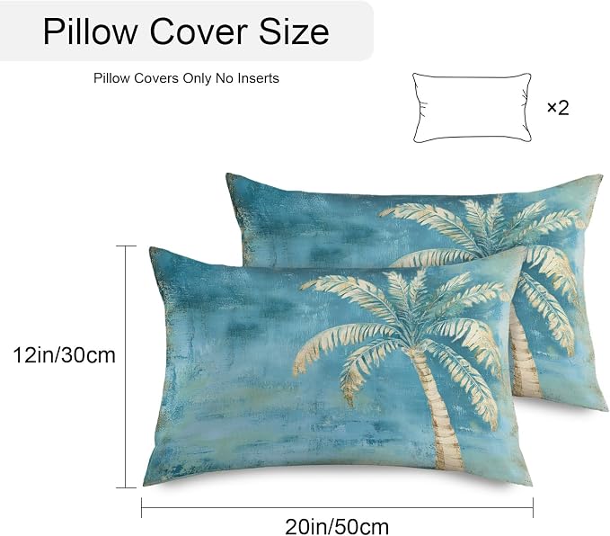 Coastal Beach Tree Teal Blue Outdoor Waterproof Pillow Covers, Vintage Summer Palm Tropical Botanical Decorative Rectangle Throw Pillowcase Sofa Cushion Sham for Patio/Couch/Chair, 20"x12" 2 Pack