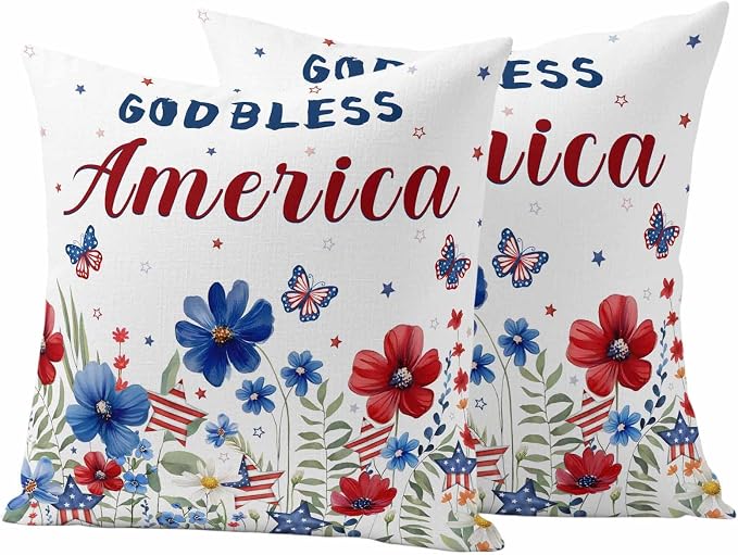 God Bless USA Outdoor Waterproof Throw Pillow Covers Set of 2, 18"x18", Red Blue Daisy Butterfly Independence Day Decorative Pillow Covers Outside Cushion Case for Patio Porch Garden
