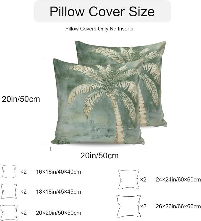 Coastal Beach Tree Sage Green Outdoor Waterproof Pillow Covers, Vintage Summer Palm Tree Decorative Square Throw Pillowcase, Tropical Botanical Sofa Cushion Sham for Patio/Couch/Chair, 16"x16" 2 Pack